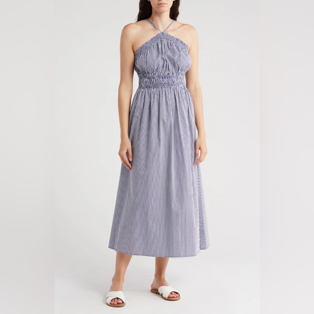 Rachel Parcell Blue Stripe Halter Neck Stretch Poplin Midi Dress Small Cotton